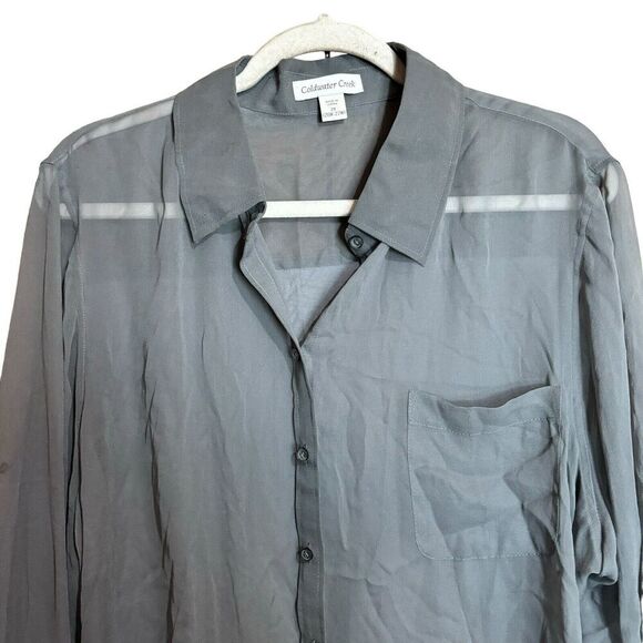 Coldwater Creek Top Womens 2X 20W 22W Gray Silk Button Up Shirt Sheer Blouse - Picture 2 of 9